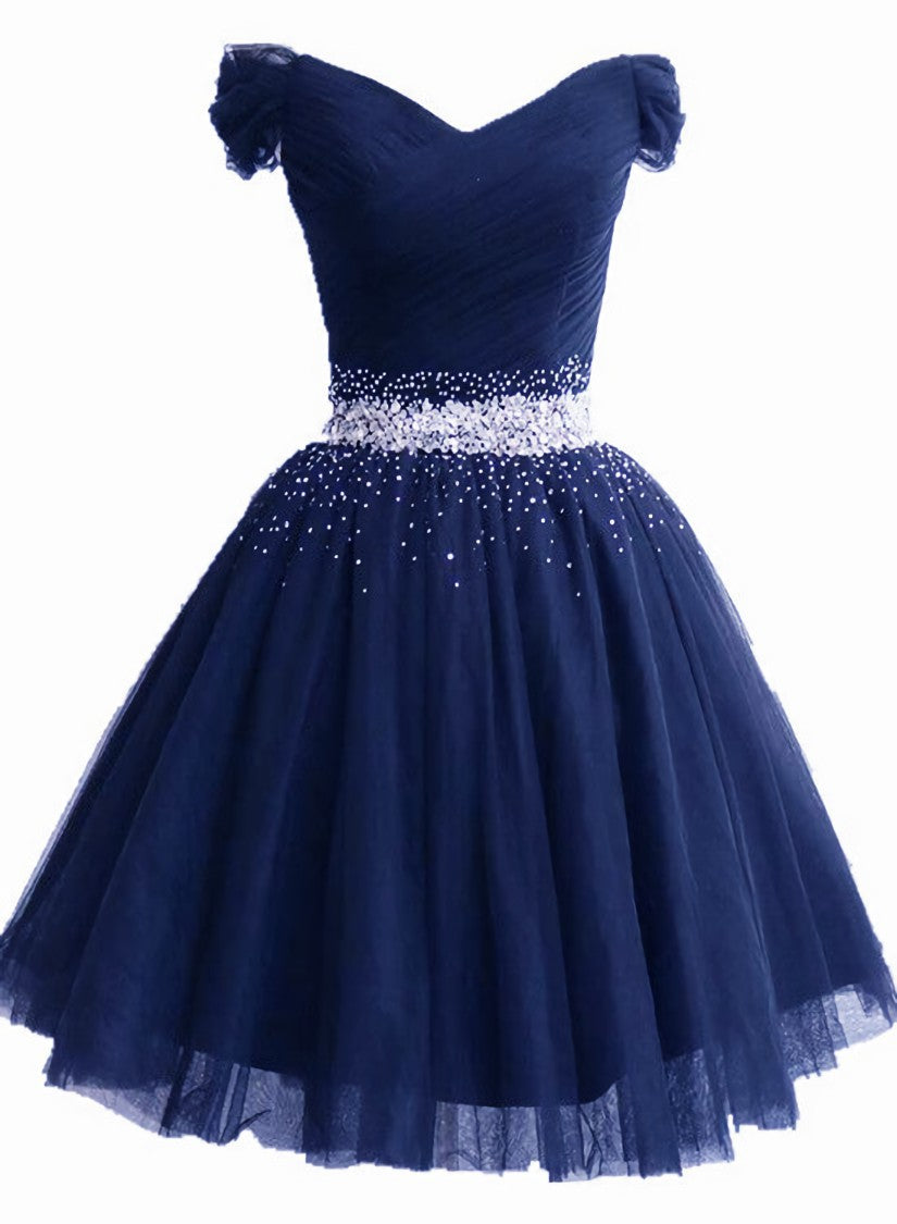 Lovely Off Shoulder Navy Blue Beaded Corset Homecoming Dress, Short Corset Prom Dress outfits, Party Dress After Wedding