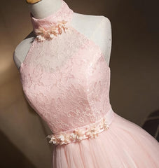 Lovely Pink Halter Tulle Flowers Short Corset Prom Dress Corset Homecoming Dress, Pink Graduation Dresses Party Dresses outfit, Bridesmaid Dresses Shops