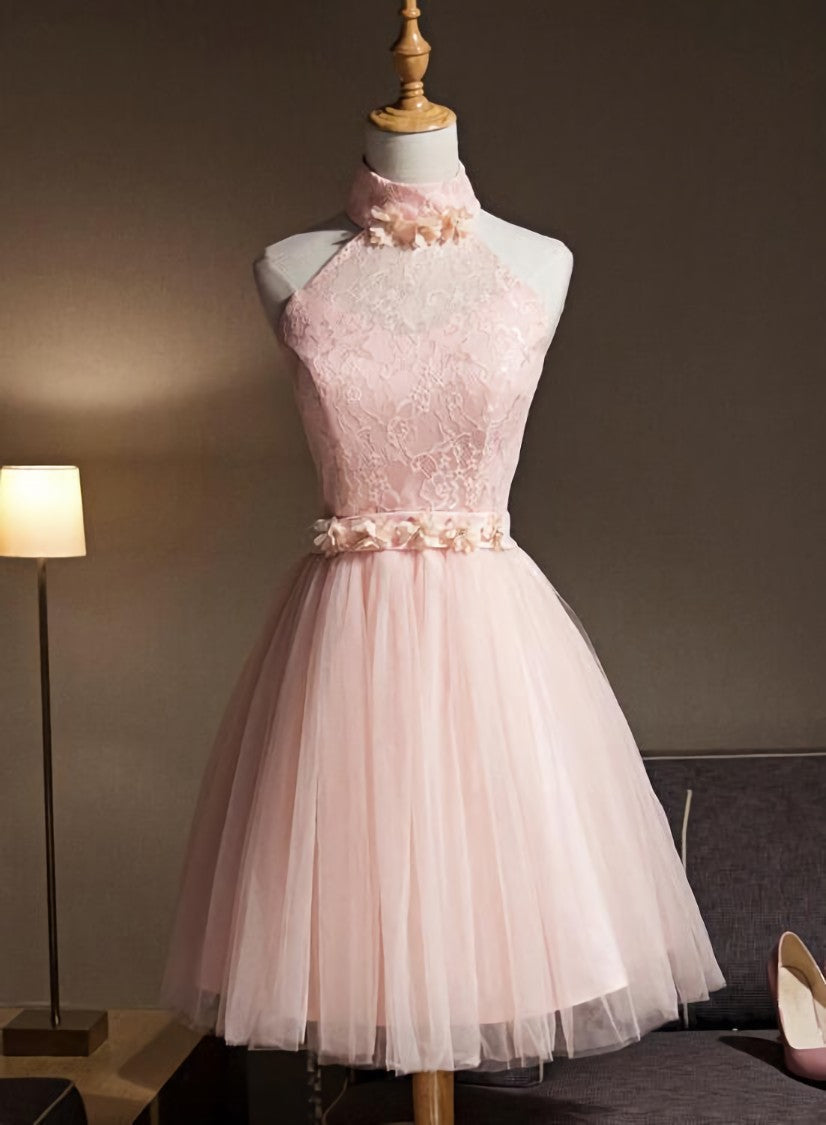 Lovely Pink Halter Tulle Flowers Short Corset Prom Dress Corset Homecoming Dress, Pink Graduation Dresses Party Dresses outfit, Bridesmaid Dresses Shop