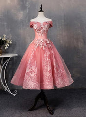 Lovely Pink Off Shoulder Party Dress, Lace Applique Corset Prom Dress outfits, Formal Dresses Midi