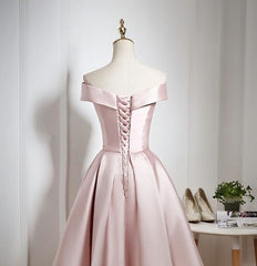 Lovely Pink Satin Off Shoulder Knee Length Corset Formal Dress, Corset Homecoming Dress outfit, Homecoming Dress Stores