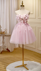 Lovely Pink Tulle with Flowers Short Party Dress, Pink Tulle Corset Homecoming Dresses outfit, Evening Dress Fitted