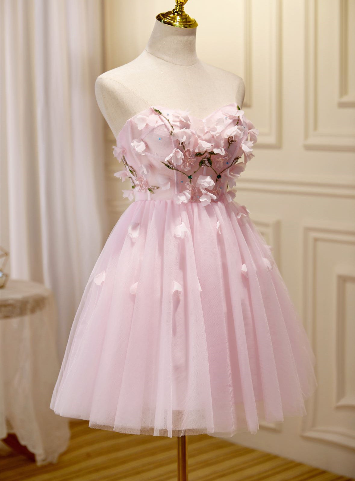 Lovely Pink Tulle with Flowers Short Party Dress, Pink Tulle Corset Homecoming Dresses outfit, Evenning Dresses Short