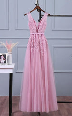 Lovely Pink V-neckline Long Party Dress ,Tulle Corset Bridesmaid Dress outfit, Formal Dress Long Sleeve