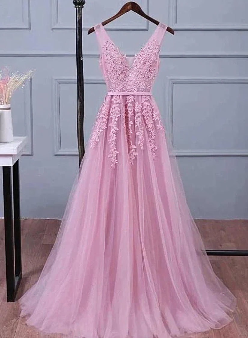 Lovely Pink V-neckline Long Party Dress ,Tulle Corset Bridesmaid Dress outfit, Formal Dress For Party Wear
