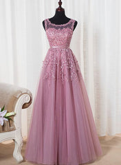 Lovely Round Neckline Tulle Long Corset Prom Dress, Cute A-line Corset Formal Dress outfit, Evening Dresses Suits