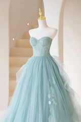 Lovely Sweetheart Neckline Tulle Long Corset Prom Dress with Lace, Strapless Evening Dress outfit, Evening Dresses Near Me