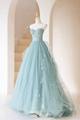 Lovely Sweetheart Neckline Tulle Long Corset Prom Dress with Lace, Strapless Evening Dress outfit, Evening Dress Near Me