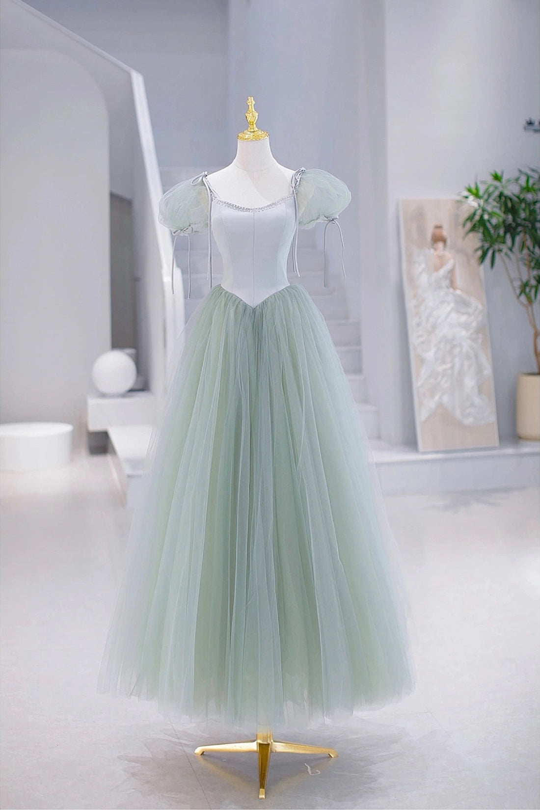 Lovely Tulle Floor Length Corset Prom Dress, A-Line Short Sleeve Evening Party Dress Outfits, Small Wedding Ideas