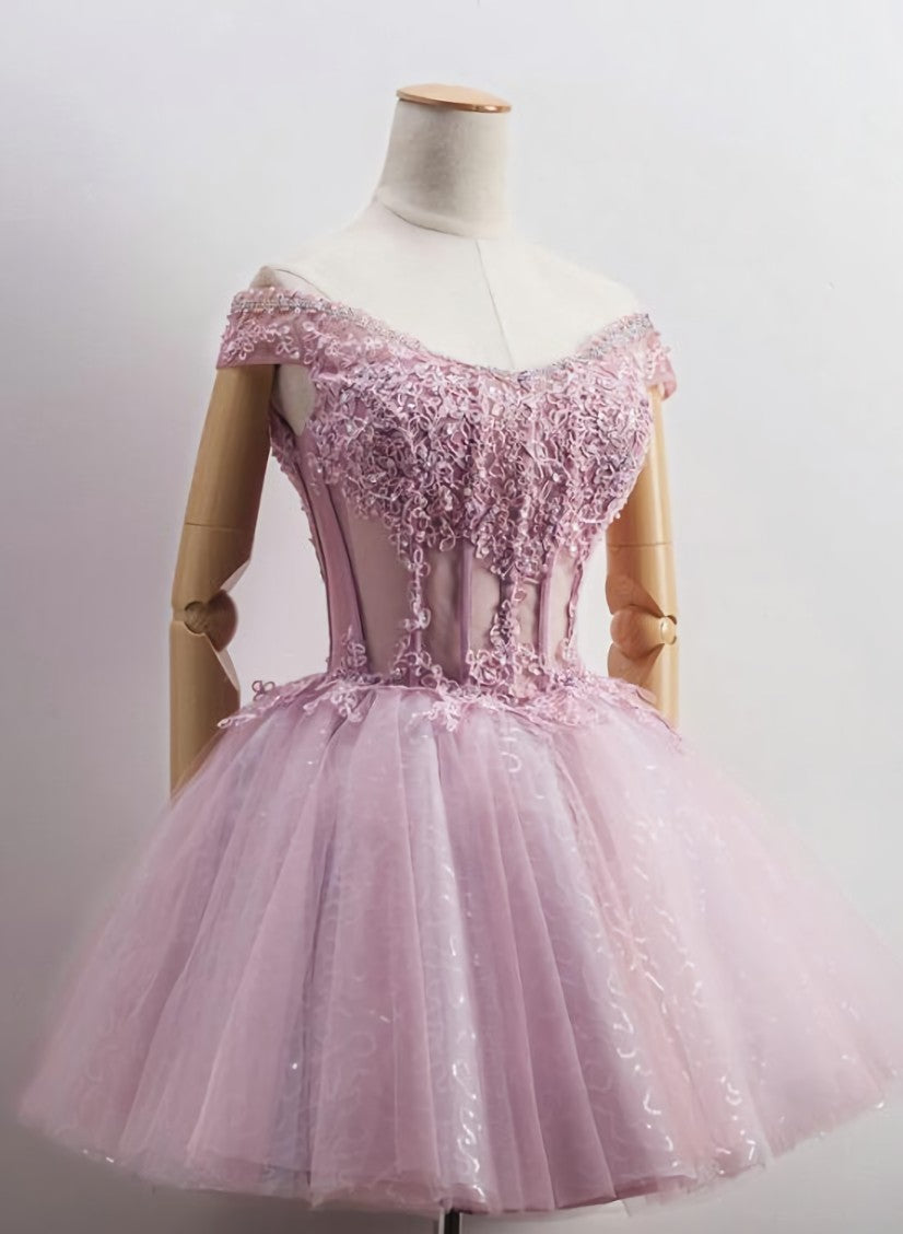 Lovely Tulle Light Pink-Purple Mini Party Dress, Lovely Off Shoulder Lace-up Corset Homecoming Dress outfit, Prom Dresses Website