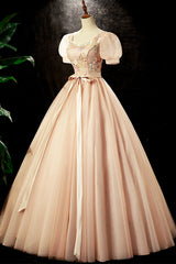 Lovely Tulle Sequins Long Corset Prom Dress, A-Line Short Sleeve Evening Party dress Outfits, Prom Dresses Suits Ideas