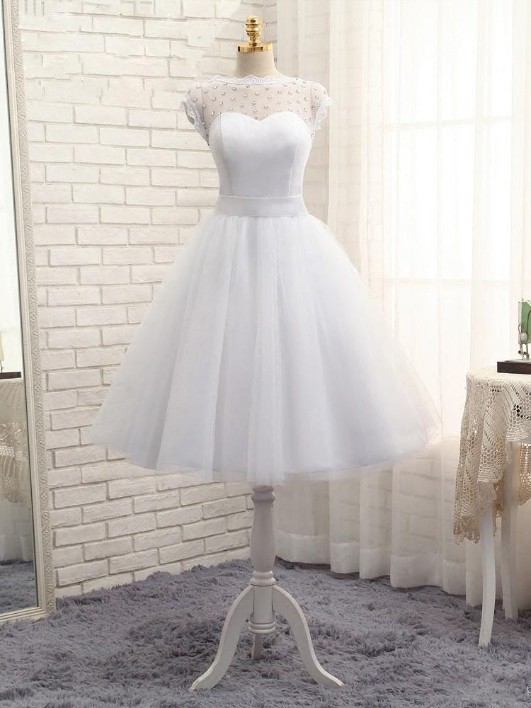 Lovely White Tulle Beaded Short Simple Corset Wedding Party Dress, Short Bridal Dress Corset Wedding Dress outfit, Wedding Dress Long Sleeves