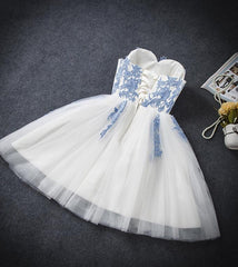 Lovely White Tulle Party Dress with Blue Applique, Corset Homecoming Dress outfit, Evening Dresses Gold