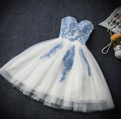 Lovely White Tulle Party Dress with Blue Applique, Corset Homecoming Dress outfit, Evening Dresses 08