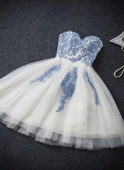 Lovely White Tulle Party Dress with Blue Applique, Corset Homecoming Dress outfit, Evening Dresses 3 12 Sleeve