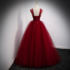 Lovely Wine Red Princess Tulle Beaded Long Party Dress, Dark Red Corset Formal Gown outfit, Prom Dress Red