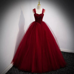 Lovely Wine Red Princess Tulle Beaded Long Party Dress, Dark Red Corset Formal Gown outfit, Prom Dresses Red