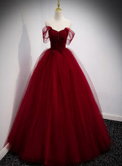 Lovely Wine Red Princess Tulle Beaded Long Party Dress, Dark Red Corset Formal Gown outfit, Prom Dresses Sale