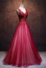 Lovely Wine Red V-neckline Tulle Party Gown, A-line Corset Prom Dress outfits, Formal Dress Places Near Me