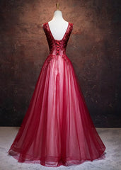 Lovely Wine Red V-neckline Tulle Party Gown, A-line Corset Prom Dress outfits, Formal Dress Cheap