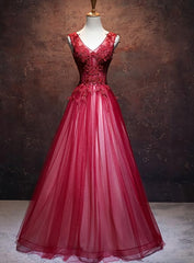 Lovely Wine Red V-neckline Tulle Party Gown, A-line Corset Prom Dress outfits, Formal Dressing For Wedding