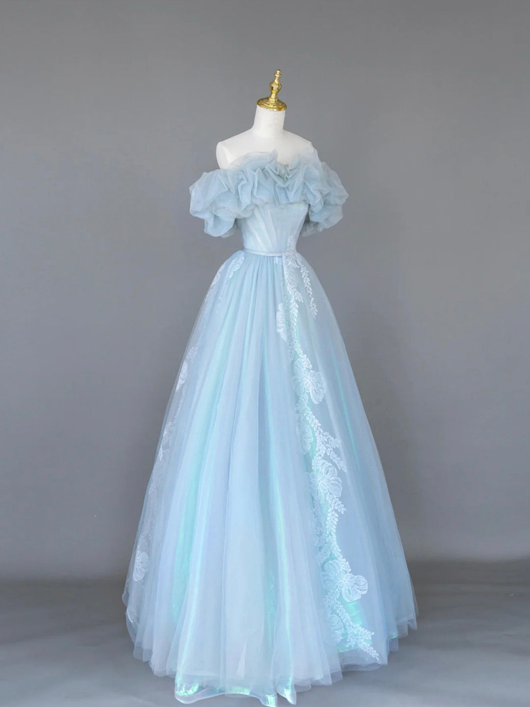 Light Blue Tulle Lace Long Corset Prom Dress, Beautiful Off Shoulder Evening Party Dress Outfits, Hoco Dress