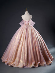 Pink Tulle Sequins Long Corset Prom Dress, Beautiful A-Line Corset Formal Dress Sweet 16 Dress outfit, Braids