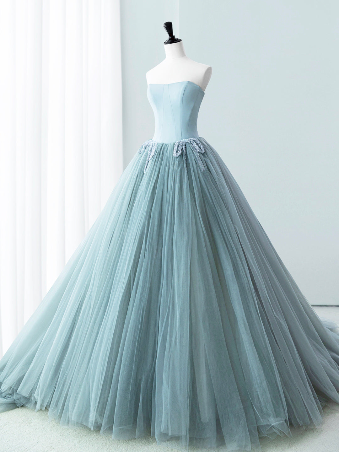 Blue Satin Tulle Long Corset Prom Dress, Lovely Strapless Evening Dress outfit, Party Dress Outfits