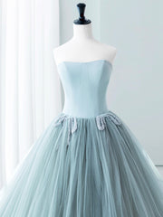 Blue Satin Tulle Long Corset Prom Dress, Lovely Strapless Evening Dress outfit, Party Dresses Cheap