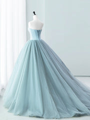 Blue Satin Tulle Long Corset Prom Dress, Lovely Strapless Evening Dress outfit, Party Dress Idea