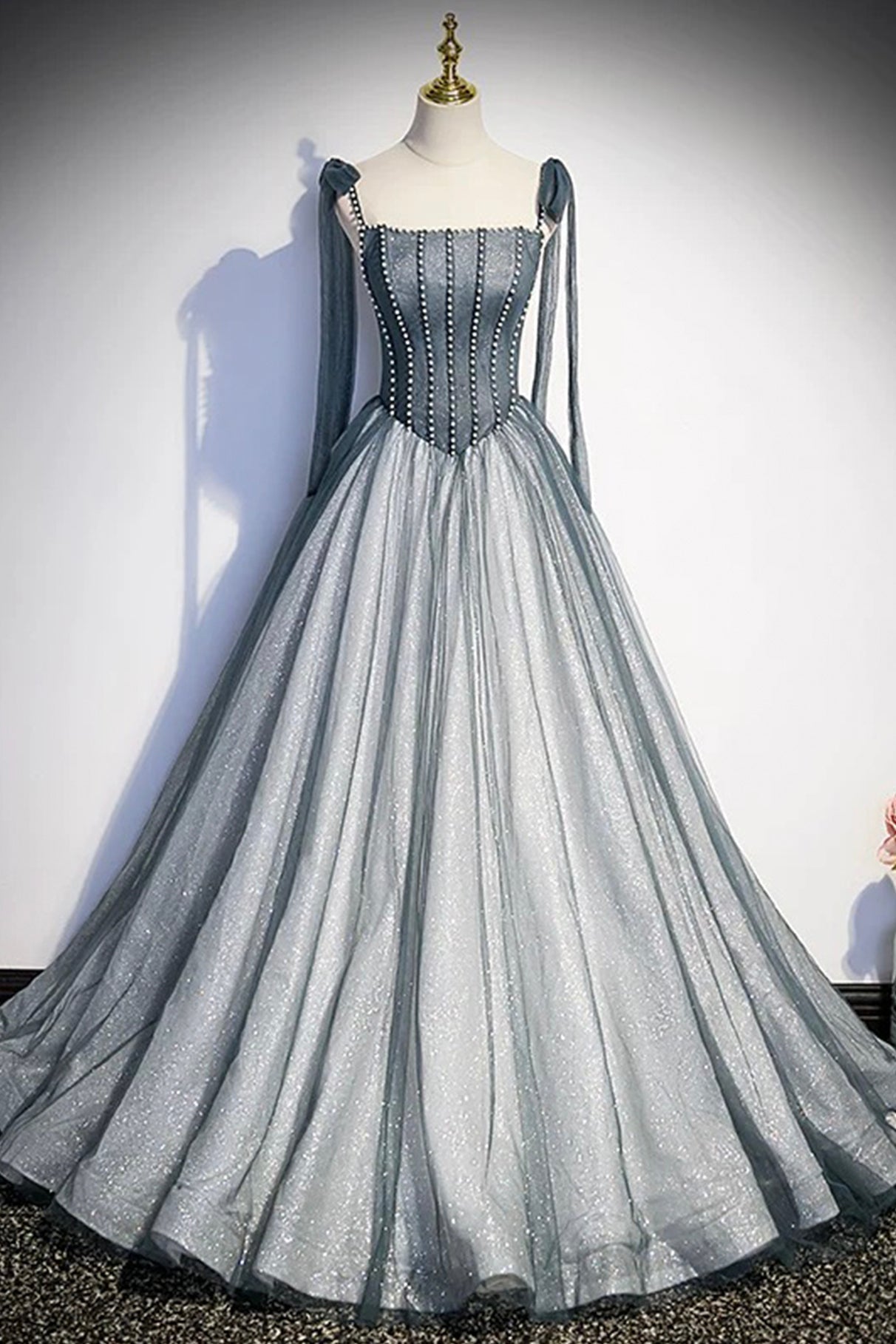 Gray Spaghetti Straps Long A-Line Corset Prom Dress, Gray Evening Dress with Beaded outfit, Prom Dress Brands