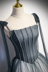 Gray Spaghetti Straps Long A-Line Corset Prom Dress, Gray Evening Dress with Beaded outfit, Prom Dress Styles