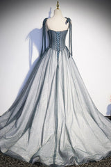 Gray Spaghetti Straps Long A-Line Corset Prom Dress, Gray Evening Dress with Beaded outfit, Prom Dresses Style