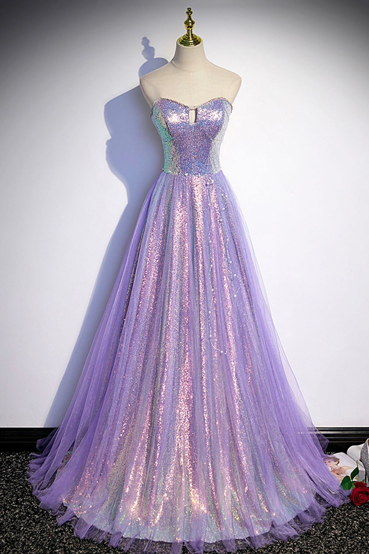 Purple Strapless Sequins Floor Length Corset Prom Dress, A-Line Corset Formal Dress outfit, Fall Wedding Color