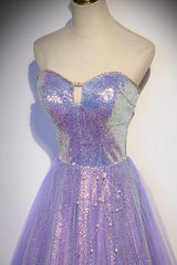 Purple Strapless Sequins Floor Length Corset Prom Dress, A-Line Corset Formal Dress outfit, Rustic Wedding