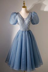 A-line V-neck Sequins Short Corset Prom Dress, Blue Short Sleeve Evening Dress outfit, Bridesmaid Dress Colors