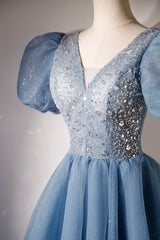 A-line V-neck Sequins Short Corset Prom Dress, Blue Short Sleeve Evening Dress outfit, Bridesmaid Dresses Wedding