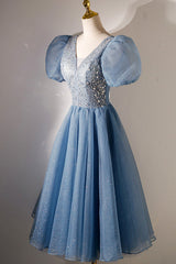 A-line V-neck Sequins Short Corset Prom Dress, Blue Short Sleeve Evening Dress outfit, Bridesmaid Dress Ideas