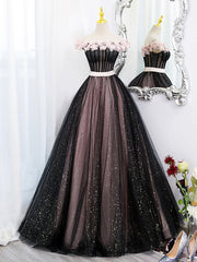 Black Tulle and Pink Flowers Party Dress, Black Off Shoulder Sweet 16 Dress outfit, Bridesmaids Dresses Cheap