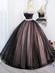 Black Tulle and Pink Flowers Party Dress, Black Off Shoulder Sweet 16 Dress outfit, Bridesmaids Dress Cheap