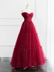 Burgundy Shiny Tulle Long Corset Prom Dress, Beautiful A-Line Off the Shoulder Evening Dress outfit, Formals Dresses Long