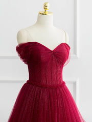 Burgundy Shiny Tulle Long Corset Prom Dress, Beautiful A-Line Off the Shoulder Evening Dress outfit, Formal Dress Long