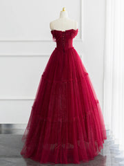 Burgundy Shiny Tulle Long Corset Prom Dress, Beautiful A-Line Off the Shoulder Evening Dress outfit, Formal Dresses And Gowns