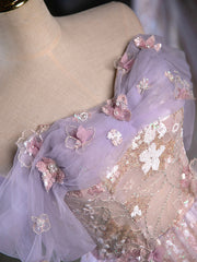 Purple A-Line Off the Shoulder Sequins Corset Prom Dress, Lovely Tulle Corset Floor Length Evening Dress outfit, Beach Wedding Dress