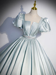 Beautiful Satin Floor Length Corset Prom Dress, A-Line Short Sleeve Evening Party Dress Outfits, Bridesmaids Dresses Long