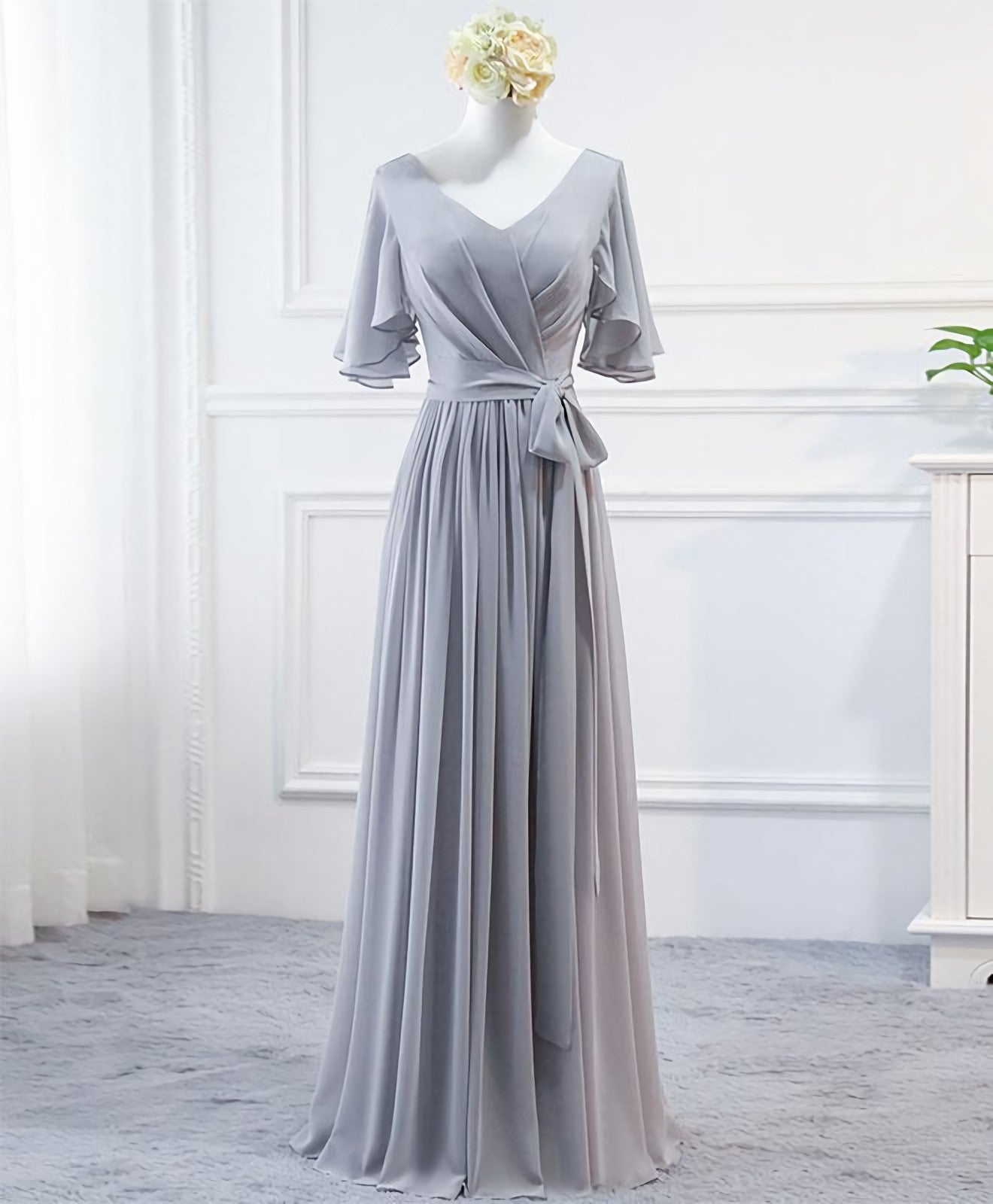 Simple V Neck Chiffon Long Corset Prom Dress, Corset Bridesmaid Dress outfit, Prom Dresses A Line