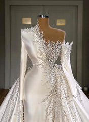 Luxurious Long Sleeve Pearls Overskirt Corset Wedding Dress Online outfits, Wedding Dresses Budget