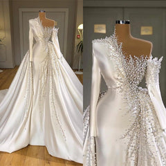 Luxurious Long Sleeve Pearls Overskirt Corset Wedding Dress Online outfits, Wedding Dresses Long Sleev