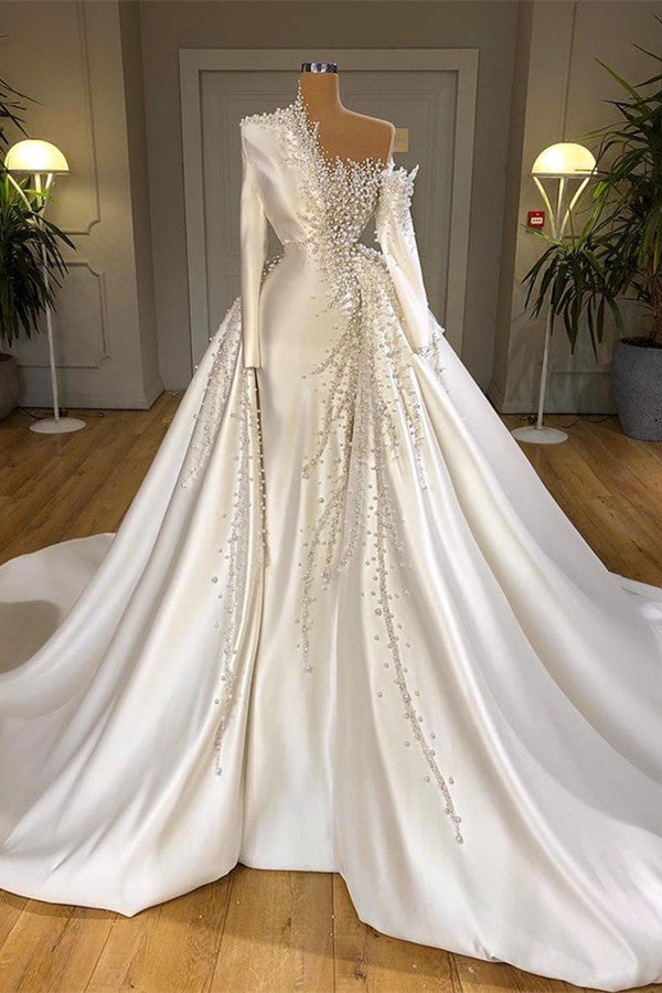 Luxurious Long Sleeve Pearls Overskirt Corset Wedding Dress Online outfits, Wedding Dress Budget