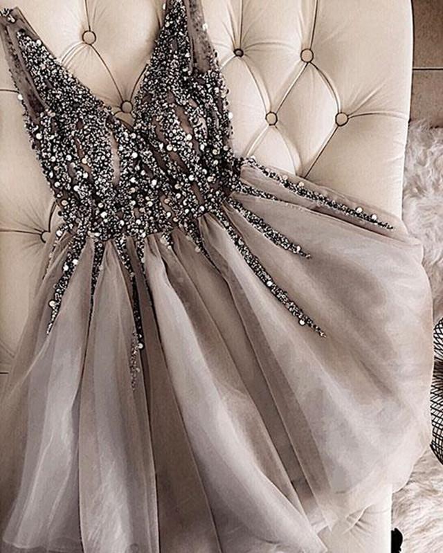 Luxurious Sequins Beaded V-neck Tulle Corset Homecoming Dresses Short Party Dress Outfits, Prom Dresses Champagne